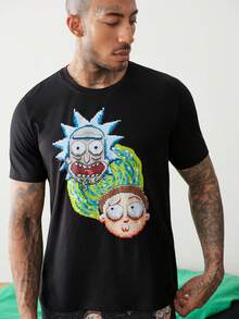 Rick and Morty X SHEIN Conjunto de Roupa de Descanso Masculino com Camiseta de Manga Curta Gola Redonda Estampa de Anime Cartoon e Shorts com Bolso - Preto - Visão 6