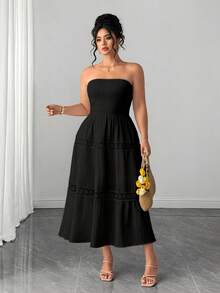 Elenzga Women's Strapless Cinched Waist Ruffle Trim Patchwork A-Line Textured Elegant Vacation Summer Plus Size Dress - Black - View 7