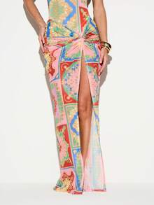 KIZN Baroque Tile Print Mesh Maxi Skirt Cover Up With Ruched Knot Front Detail And High Slit Beach Summer - Multicolor - View 1
