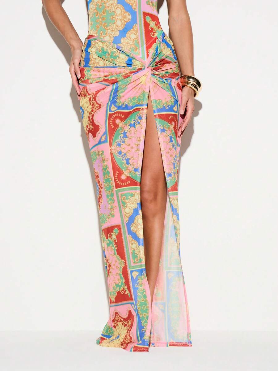 KIZN Baroque Tile Print Mesh Maxi Skirt Cover Up With Ruched Knot Front Detail And High Slit Beach Summer - Multicolor - View 1