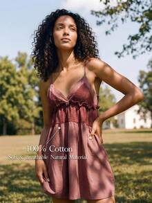 Ocili Bohemian Style Women's Contrast Color Ruffle Hem Camisole Nightgown Sleepwear Dress - Burgundy - View 1
