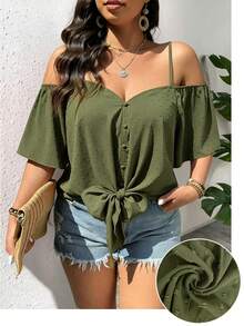 EMERY ROSE Fashionable Casual Retro V-Neck Off-Shoulder Tie-Up Shirt - Olive Green - View 1