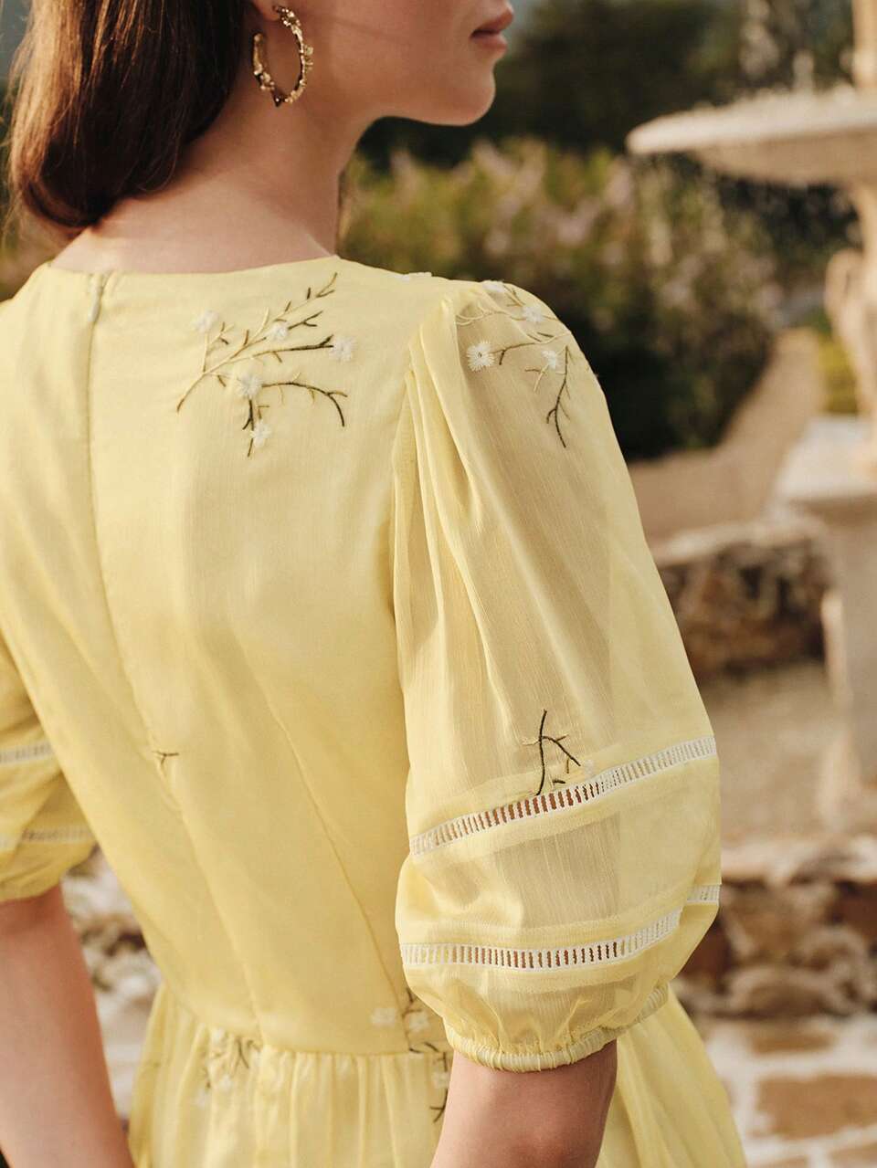 WOMEN'S FLORAL EMBROIDERY CONTRAST LACE TRIM PUFF SLEEVE DRESS