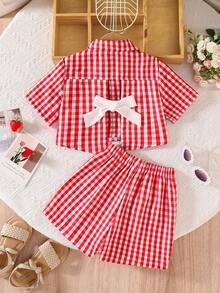 2026 女童幼兒超可愛夏季套裝，格紋印花雛菊上衣 + 短褲 2件組 - 紅色 - 查看 2