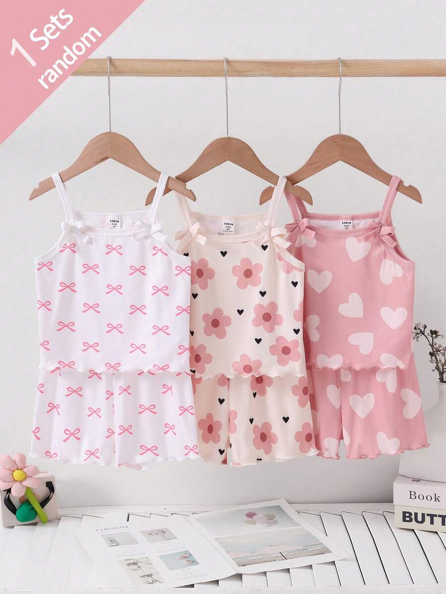 (Aleatorio 3-en-1) Conjunto de Top Camisola y Shorts de Tela Acanalada Suave y Cómoda con Estampado Floral de Corazón y Mariposa Cálido para Niñas con Decoración de Lazo 3D, Caja Ciega Aleatoria 1 Conjunto - Multicolor - Ver 1