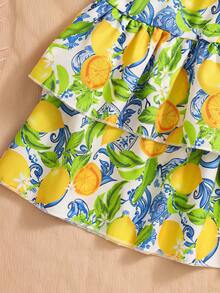 SHEIN Teen Girl Solid Color Pleated T-Shirt And All-Over Print Pleated Skirt Casual Daily Outfit Set - Multicolor - View 7