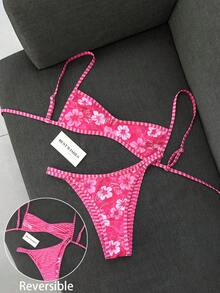 Swim Mod 女款夏季海灘極簡優雅浪漫休閒度假性感甜美可愛時尚泳衣套裝，百搭百搭粉色花卉印花、粉色條紋印花、雙面可翻轉印花，多種穿搭選擇，平口微比基尼，適合海灘、度假村、水療、蜜月及休閒度假場合 - 粉色 - 查看 2