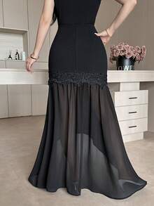 Feyla Women's Fashion Elegant Embroidered Patchwork Mermaid Asymmetrical Hem Skirt Party Black Summer - Black - View 3