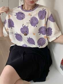 Dazy Plus Plus Size Colorblock Patchwork Striped Round Neck Loose Short Sleeve Pink Spring Summer T-Shirt Graphic Tee - Purple - View 4