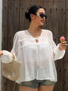 Dazy Plus Textured Fabric V-Neck Tie Front Cover Up Lantern Sleeve Long Sleeve White Semi-Sheer Spring/Summer Plus Size Women's White Shirt - White - View 4