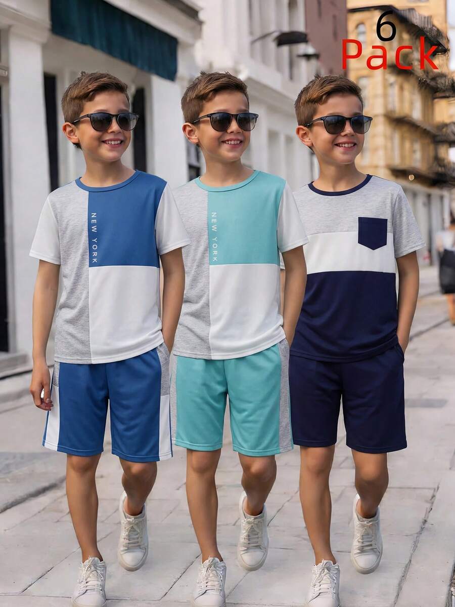SHEIN 6件組青少年男孩休閒寬鬆字母圖案圓領T恤與短褲套裝，適合通勤、上學、日常穿著、運動活動，春夏季適用 - 彩色 - 查看 1