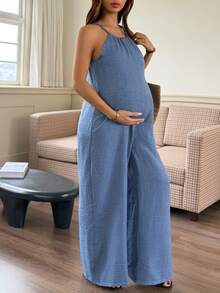 Dazy Maternity جمبسوت كتان بحمالات رفيعة بلون موحد، ملابس عطلات يومية، جمبسوت حمل أزرق للصيف - الأزرق - مشاهدة 1