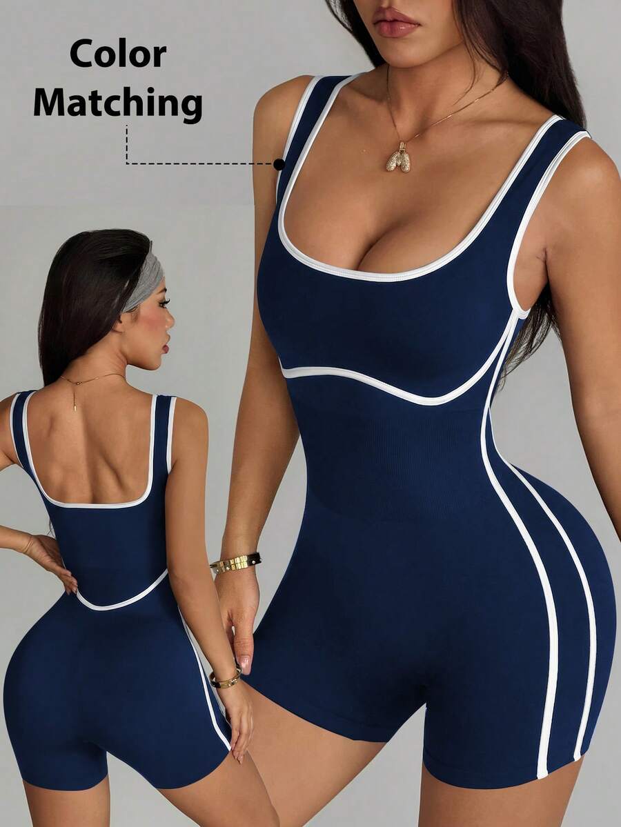 SHEIN Dewbera Mono deportivo sin costuras de color de contraste - Azul Marino - Ver 1