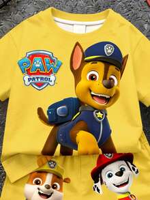 SHEIN | PAW Patrol 小男孩圓領字母卡通圖案短袖T恤與短褲休閒日常套裝 - 彩色 - 查看 5