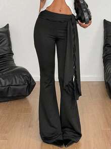 SHEIN x Luisa Sonza SHEIN MOD 女士纯色荷叶边下摆休闲百搭日常喇叭裤 - 黑色 - 查看 1