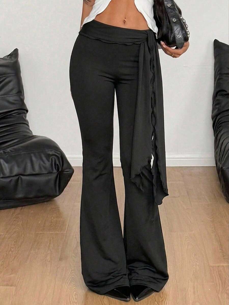 SHEIN x Luisa Sonza SHEIN MOD 女士纯色荷叶边下摆休闲百搭日常喇叭裤 - 黑色 - 查看 1
