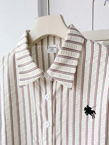 SHEIN Teen Girls Shirt Striped Texture Back To School Blouses Summer White Bow-Tie Peter Pan Collar Preppy Casual, Early Autumn Preppy Style,Versatile - Apricot - View 6