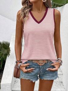 EMERY ROSE Top de tirantes casual y versátil para mujer, primavera/verano, nuevo, con cuello en V, estampado de rayas y diseño de bloques de color - Multicolor - Ver 6