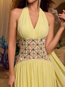 Glamrae Elegant & Glamorous Mesh, Hand-Applied Rhinestone Decor, Halter Neck Tie-Up Train, Women's Decorative Evening Gown - Light Yellow - View 4