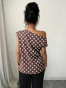 SHEIN Elenzya 圓點不對稱肩無袖女款上衣，優雅通勤襯衫 - 棕色 - 查看 2