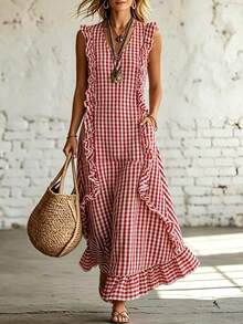 Women Midi Dresses - Red and White - View 8