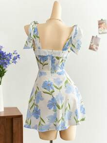 Elamini Full Floral Print Tie Waist A-Line Mini Dress - Multicolor - View 2