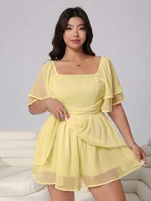 Solflare Plus Size Women's Solid Color Ruffle Sleeve Square Neck Pleated High Waist Jumpsuit - Pale Yellow - View 7