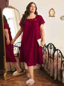 Côtesoire Comfortable Knitted Ribbed Casual Home Lace Patchwork Minimalist Long Loose Plus Size Nightgown - Burgundy - View 2