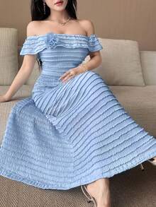 Feyla Women's 3D Flower Decor Off-Shoulder Elegant Romantic Midi Dress Tea Party Baby Blue Summer - Baby Blue - View 6
