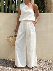 DAZY Women's Casual Solid Color Sleeveless Top And Jeans Pants Set, Spring/Summer - White - View 3