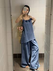 DAZY 女士3D立体花卉装饰吊带背心搭配宽松牛仔裙休闲度假套装 - 藍色 - 查看 3