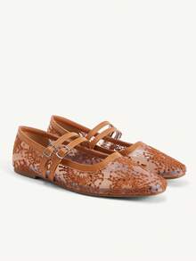 CUCCOO CHICEST Spring And Summer New Brown Lace Mesh Double Strip Flat Shoes Fashionable And Elegant Commuting Versatile Comfortable Breathable Women's Shoes - Fireworks net H8 brown - View 2