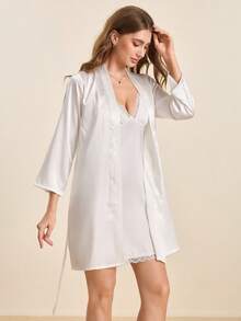 Hourtrue Drop Shoulder Contrast Trim Belted Satin Sleep Robe Luxe Loungewear, Fall, Winter - White - View 4
