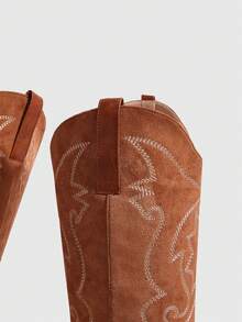 Daringsoles Women's Pointed Toe Contrast Color Embroidered Western Boots, Slip-On Sexy Casual Riding Boots Fall Shoes - Brown - View 5