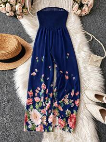 Linhara CURVE Mono de verano sin tirantes con estampado floral y fruncido para mujer talla grande - azul real - Ver 2
