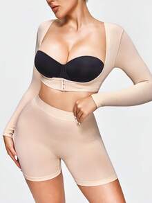 SHAPORA 1 件女士塑身衣长袖前开襟姿势矫正舒适纯色塑身上衣 - 杏色 - 查看 3