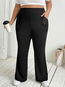 SHEIN CURVE+ 大码女式返校休闲家居服瑜伽舒适户外纯色针织弹力腰高腰喇叭裤，带蕾丝口袋的紧身裤 - 黑色 - 查看 8