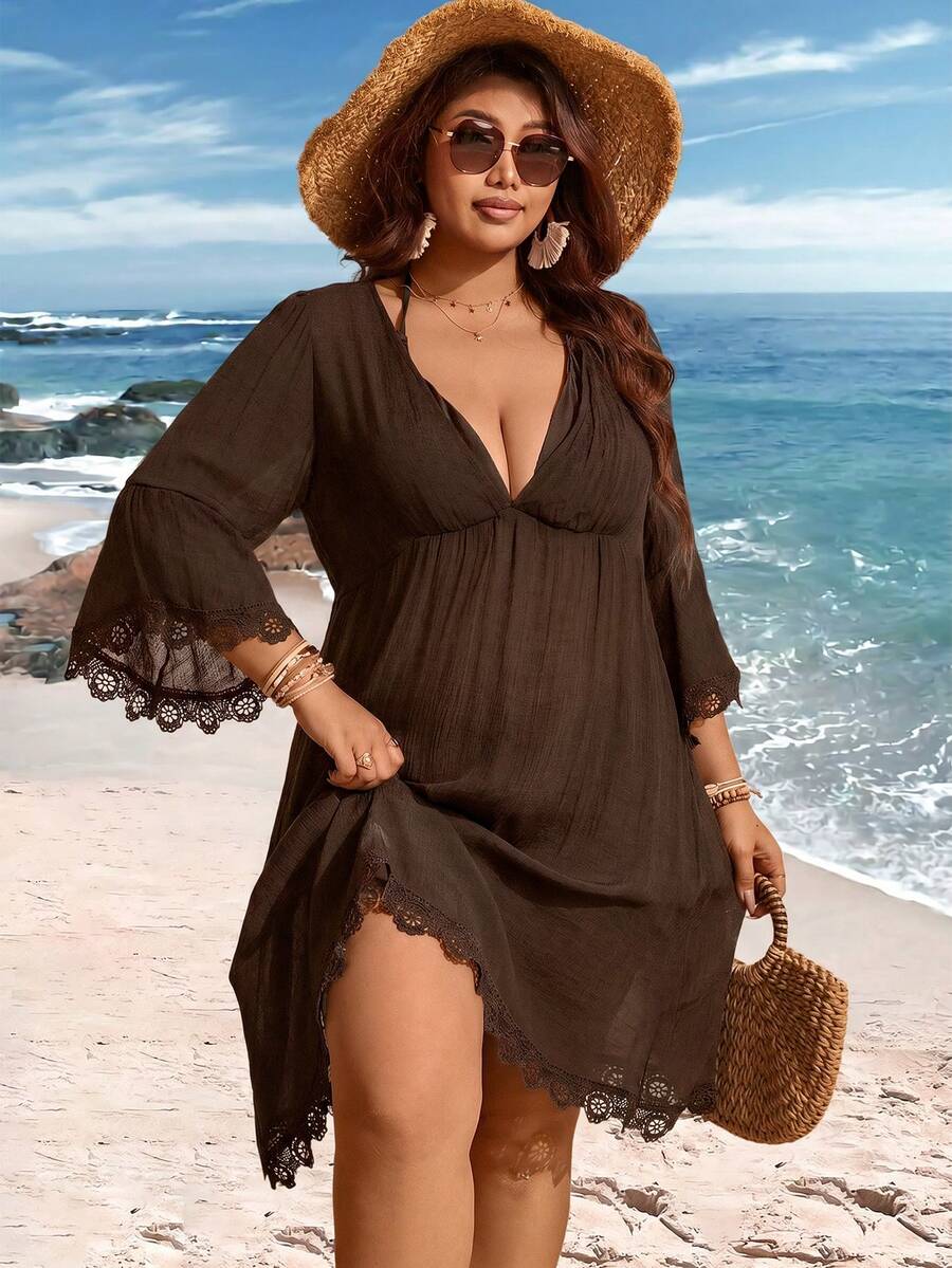Swim Lushoire V-Neck Lace Patchwork Flare Sleeve Plus Size Cover-Up - Coffee Brown - View 1