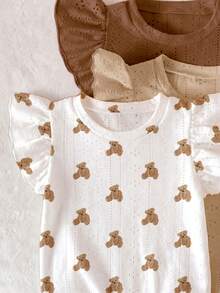 SHEIN Kaos Lengan Pendek Leher Bulat Motif Bunga Ditsy Bohemian, Garis-garis Ungu Lembut, Pola Pita 3D, Kasual, Sederhana, Serbaguna untuk Anak Perempuan, 1 buah, Cocok untuk Musim Semi - Coklat - View 3