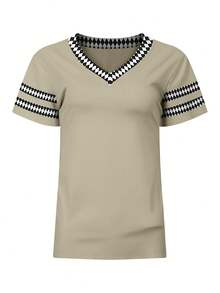 EMERY ROSE Women's Casual Diamond Patchwork T-Shirt, Summer Back-To-School School Beige - Multicolor - View 3