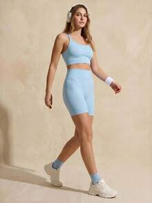 Exploreva Solid Color Cropped Tank Top And Shorts Outdoor Set Ski Sky Blue Summer Modest - Black - View 1