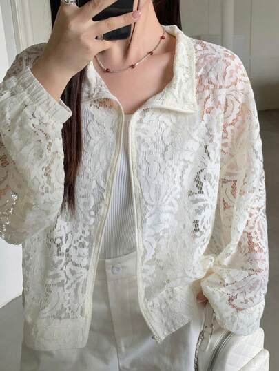 Dazy Plus Lace Cover Up Loose Collar Fashion Design Sheer Cover-Up Plus Size Women Spring Summer Long Sleeve Thin Jacket