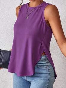 SHEIN LUNE Camiseta de tirantes casual y versátil para mujer de unicolor con cuello redondo y abertura lateral en el bajo - Morado - Ver 6