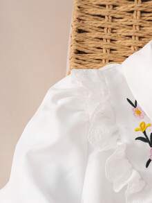 SHEIN Girls White Petal Sleeve Pearl Decor Detachable Bow Top Back To School Essential Fall Elegant Preppy - White - View 7