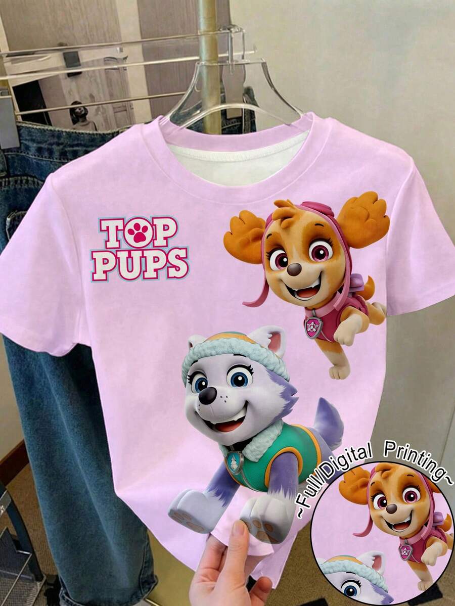 SHEIN | PAW Patrol 女嬰簡單休閒短袖上衣,經典可愛美麗卡通圖案印花,Skye、Everest、可愛小狗圖案印花 - 彩色 - 查看 1