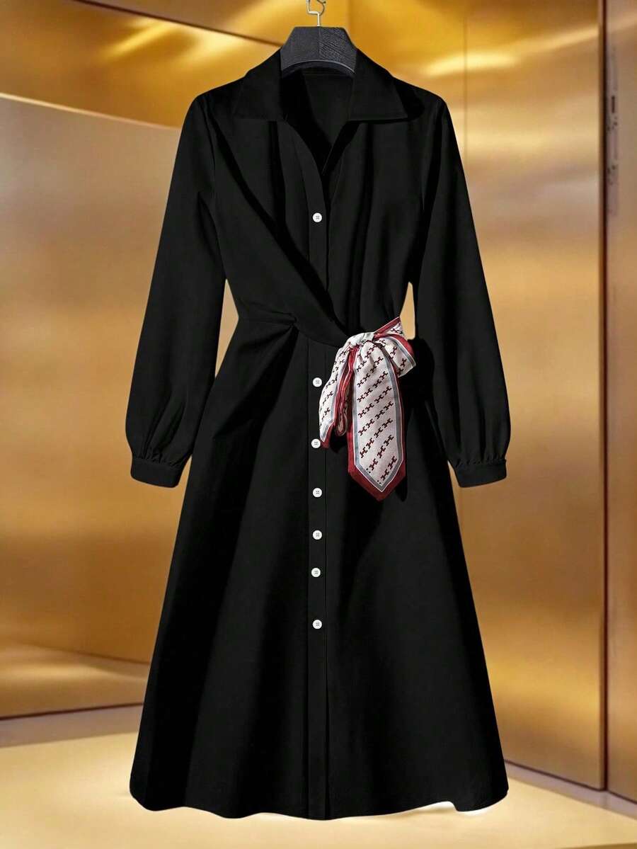 SHEIN Clasi 時尚女款大尺碼素色新圍巾拼接襯衫洋裝 - 黑色 - 查看 1