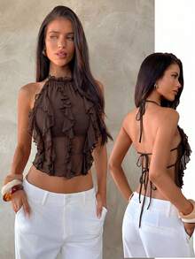 Aloruh New Sexy Backless Lace-Up Design Crop Top, Purple Elegant Multi-Tier Ruffle Decor Halter Backless Vest, Spring/Summer - Coffee Brown - View 3