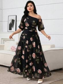 Modelyn 大尺碼女款花卉印花單肩百褶上衣與裙子休閒日常兩件套 - 彩色 - 查看 5