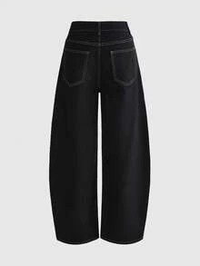 ROMWE Women's Slogan Wide Leg Jeans Street Style Hot Girl Music Festival Versatile Yellow Letter Print - Black - View 2