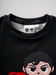 SUPERMAN X SHEIN Bộ đồ mặc nhà thường ngày cho bé trai áo thun ngắn tay và quần in họa tiết hoạt hình - màu đen - Xem 3
